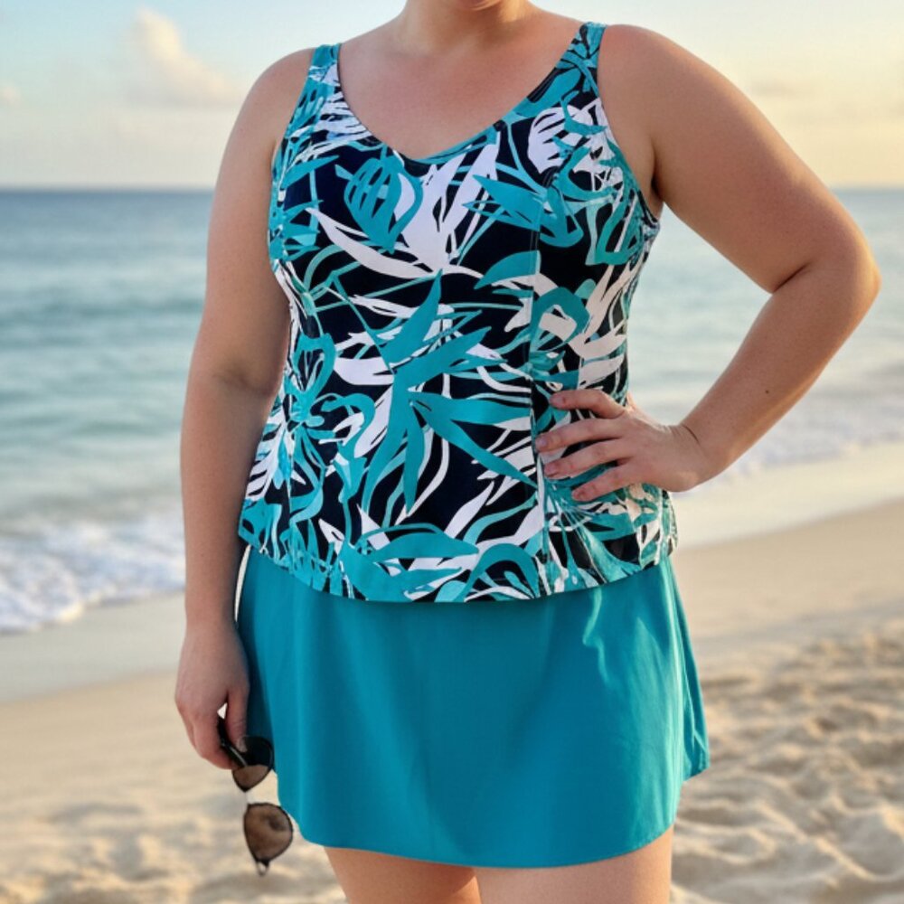 Tankini Swimsuit 2 Piece Adjustable Straps Teal Black Size 18